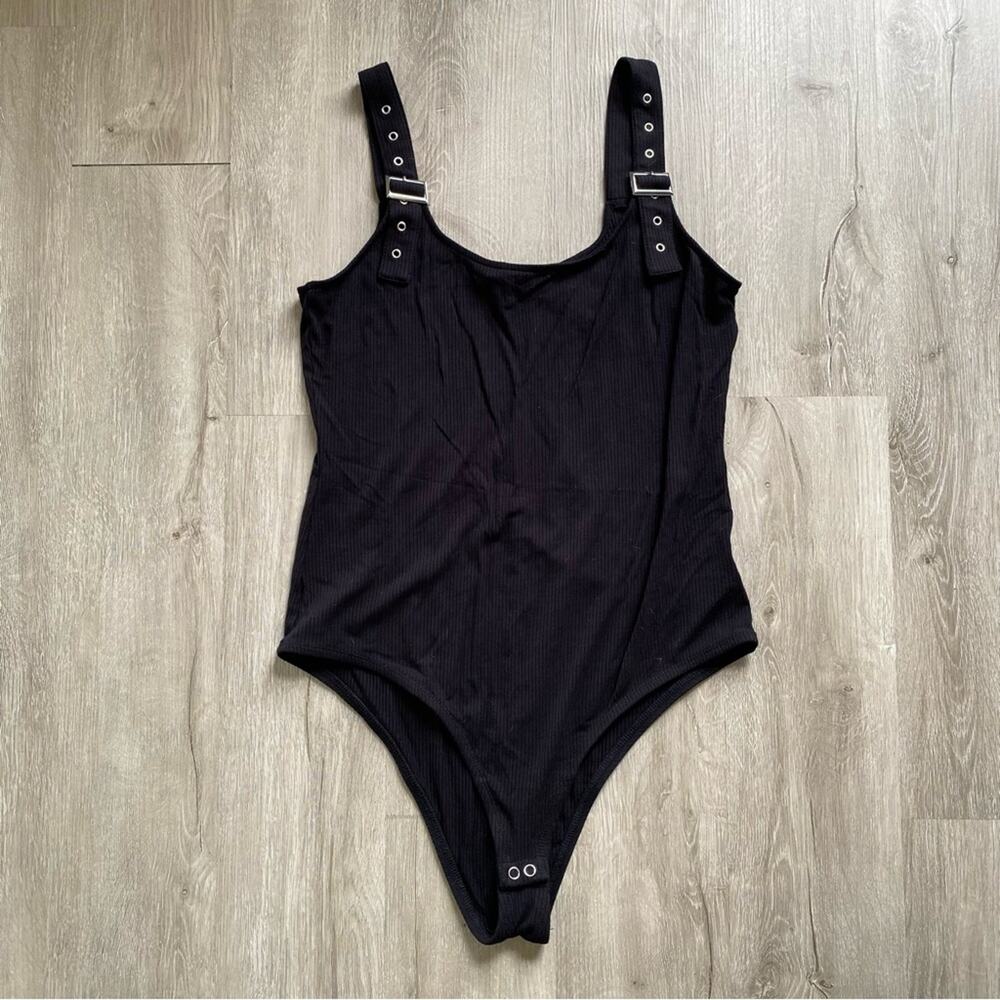 Torrid Black Ribbed Bodysuit with Buckle Detail 1X